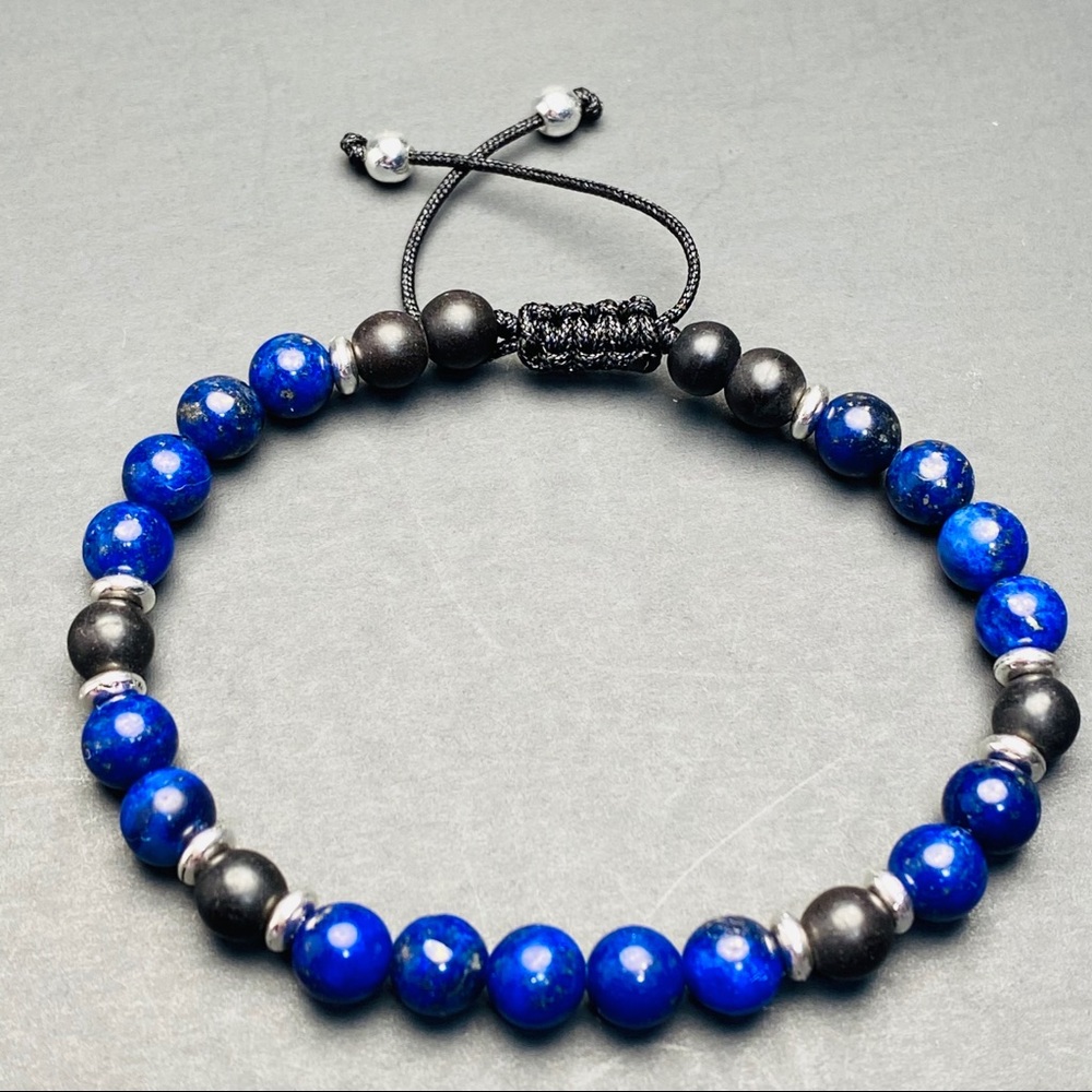 Men Lapis and Onyx Beaded Adjustable Bracelet - Picture 3 of 4